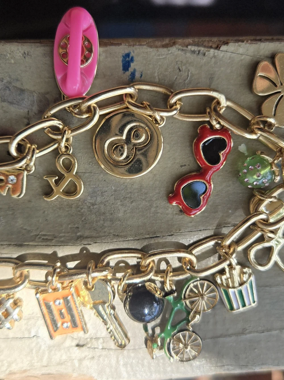 Gold Charm Bracelet with Pink & Green Accents - Women's Fashion Bracelet